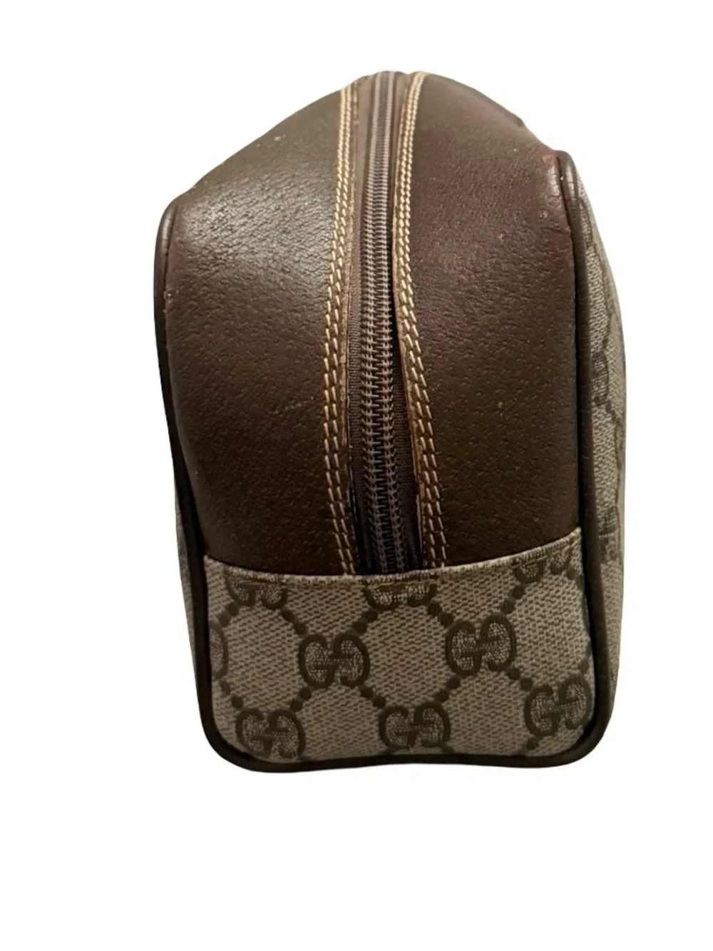 Vintage Gucci GG Supreme Monogram Toiletry Pouch Cosmetic Case Brown Leather Tri